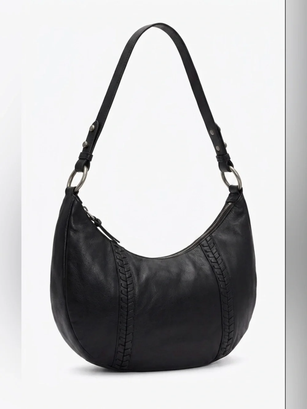 Lauren Ralph Lauren Black Leather Braided Hobo Bag Quiet Luxury Crescent Minimal